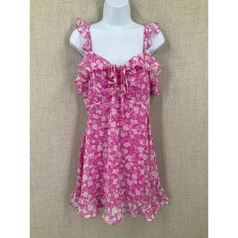 Lulus Mini Dress Womens Size M Pink Floral Ruffle Sweetheart Boho Romantic Flowy